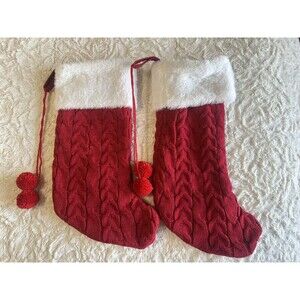 RED Cable Knit Christmas Stocking Holiday Hanging Decor w/Pom Poms 2pieces